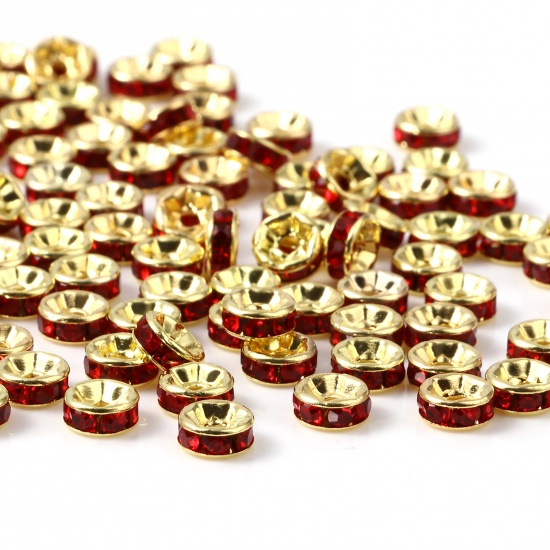 Immagine di Lega di Zinco Perline Tondo Oro Placcato Rosso Strass Circa 4mm Dia, Foro:Circa 0.8mm, 100 Pz