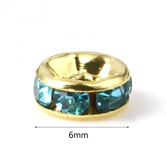 Immagine di Lega di Zinco Perline Tondo Oro Placcato Blu Strass Circa 6mm Dia, Foro:Circa 1.6mm, 100 Pz