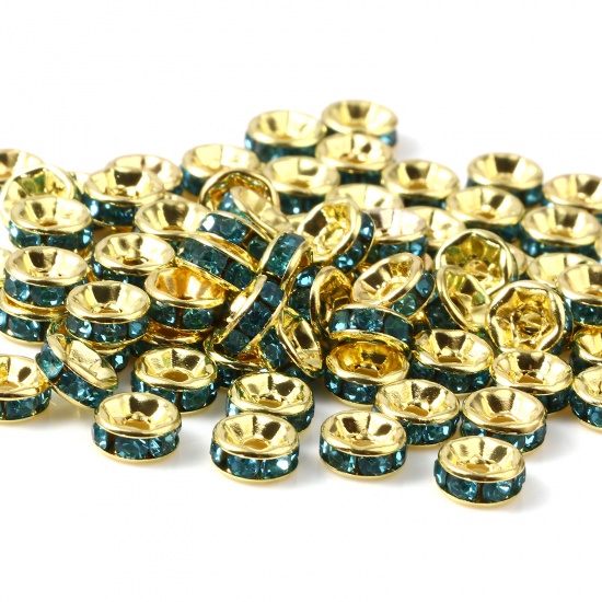 Immagine di Lega di Zinco Perline Tondo Oro Placcato Blu Strass Circa 6mm Dia, Foro:Circa 1.6mm, 100 Pz