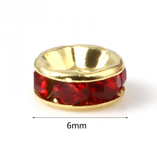 Immagine di Lega di Zinco Perline Tondo Oro Placcato Rosso Strass Circa 6mm Dia, Foro:Circa 1.6mm, 100 Pz