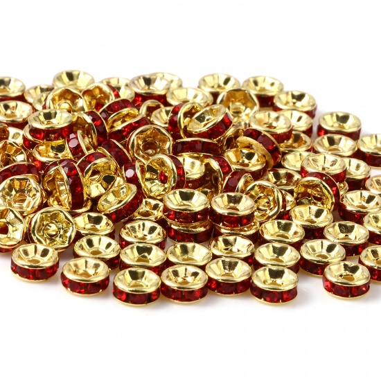 Immagine di Lega di Zinco Perline Tondo Oro Placcato Rosso Strass Circa 6mm Dia, Foro:Circa 1.6mm, 100 Pz