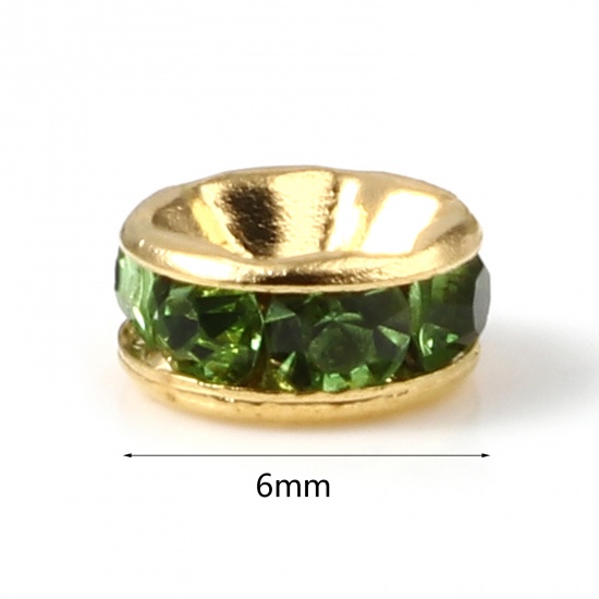 Immagine di Lega di Zinco Perline Tondo Oro Placcato Verde Strass Circa 6mm Dia, Foro:Circa 1.6mm, 100 Pz