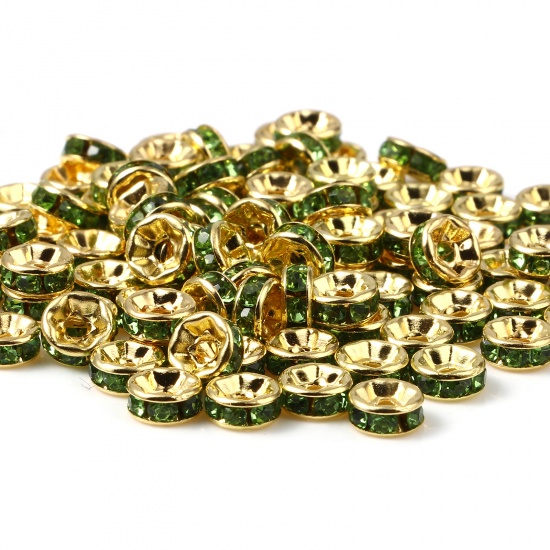 Immagine di Lega di Zinco Perline Tondo Oro Placcato Verde Strass Circa 6mm Dia, Foro:Circa 1.6mm, 100 Pz