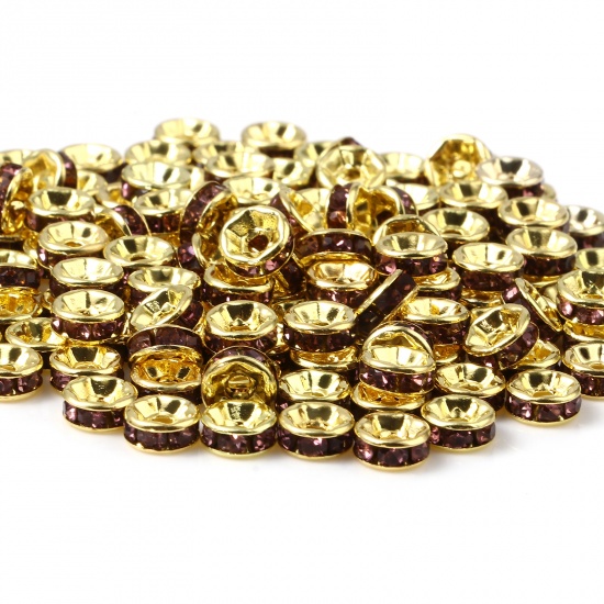 Immagine di Lega di Zinco Perline Tondo Oro Placcato Ametista Strass Circa 6mm Dia, Foro:Circa 1.6mm, 100 Pz