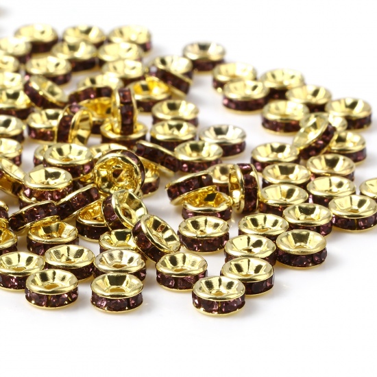Immagine di Lega di Zinco Perline Tondo Oro Placcato Ametista Strass Circa 4mm Dia, Foro:Circa 0.8mm, 100 Pz