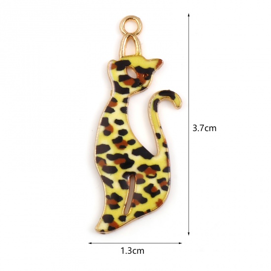 Picture of Zinc Based Alloy Pendants Cat Animal KC Gold Plated Yellow & Brown Leopard Print Enamel 37mm x 13mm, 10 PCs