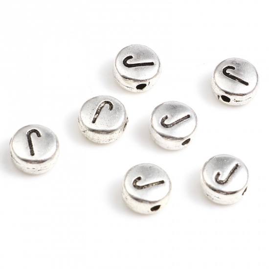 Picture of Zinc Based Alloy Spacer Beads Flat Round Antique Silver Color Initial Alphabet/ Capital Letter Message " J " About 7mm Dia., Hole: Approx 1.1mm, 100 PCs