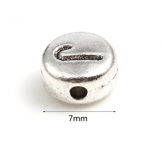 Picture of Zinc Based Alloy Spacer Beads Flat Round Antique Silver Color Initial Alphabet/ Capital Letter Message " J " About 7mm Dia., Hole: Approx 1.1mm, 100 PCs