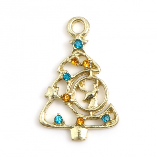 Picture of Zinc Based Alloy Charms Tree Gold Plated Christmas Reindeer Blue Cubic Zirconia Yellow Rhinestone 24mm x 15mm, 5 PCs