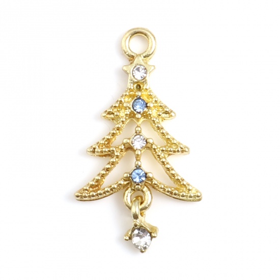 Immagine di Lega di Zinco Charms Albero di Natale Oro Placcato Trasparente & Blu Strass 27mm x 15mm , 10 Pz