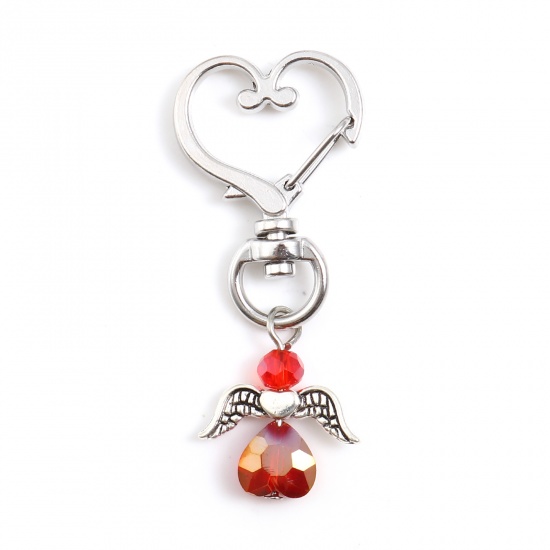 Picture of Acrylic Keychain & Keyring Antique Silver Color Fuchsia Angel Heart 5.6cm x 2.4cm, 5 PCs