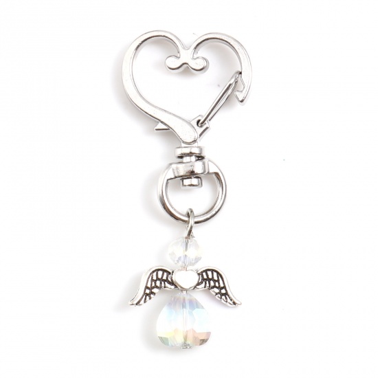 Picture of Acrylic Keychain & Keyring Antique Silver Color Clear AB Color Angel Heart 5.6cm x 2.4cm, 5 PCs