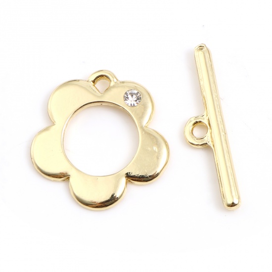 Picture of Zinc Based Alloy Toggle Clasps Real Gold Plated Flower 24mm x 6mm 20mm x 19mm, 5 Sets ( 2 PCs/Set)