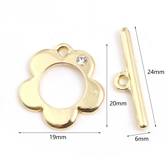 Picture of Zinc Based Alloy Toggle Clasps Real Gold Plated Flower 24mm x 6mm 20mm x 19mm, 5 Sets ( 2 PCs/Set)