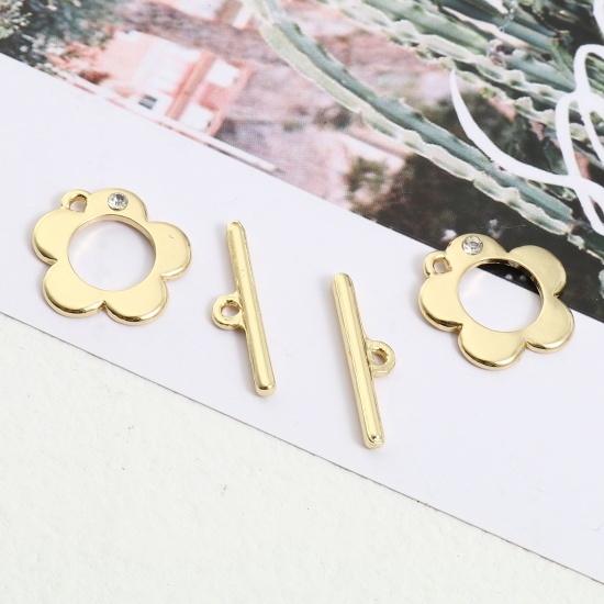 Picture of Zinc Based Alloy Toggle Clasps Real Gold Plated Flower 24mm x 6mm 20mm x 19mm, 5 Sets ( 2 PCs/Set)