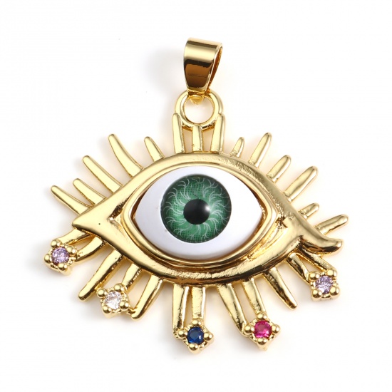 Picture of Brass & Acrylic Religious Pendants Gold Plated Green Evil Eye Multicolour Cubic Zirconia 37mm x 34mm, 1 Piece                                                                                                                                                 