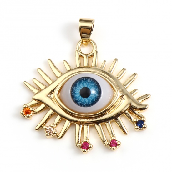 Picture of Brass & Acrylic Religious Pendants Gold Plated Blue Evil Eye Multicolour Cubic Zirconia 37mm x 34mm, 1 Piece                                                                                                                                                  