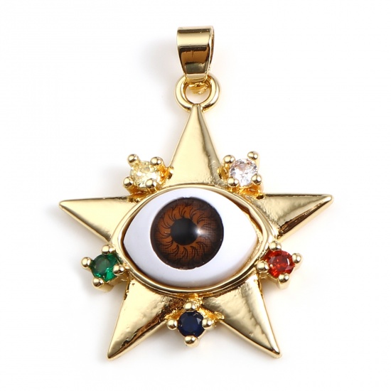 Picture of Brass & Acrylic Religious Pendants Gold Plated Brown Pentagram Star Evil Eye Multicolour Cubic Zirconia 37mm x 30mm, 1 Piece                                                                                                                                  
