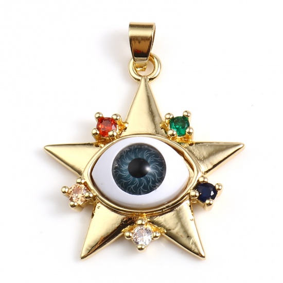 Picture of Brass & Acrylic Religious Pendants Gold Plated Blue Black Pentagram Star Evil Eye Multicolour Cubic Zirconia 37mm x 30mm, 1 Piece                                                                                                                             