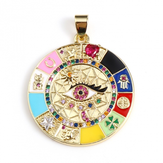Picture of Brass Religious Pendants Gold Plated Round Evil Eye Micro Pave Multicolour Cubic Zirconia 40mm x 30mm, 1 Piece                                                                                                                                                