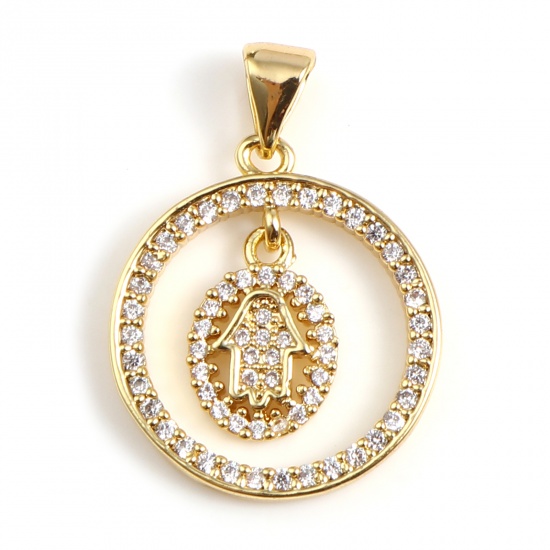 Picture of Brass Religious Charms Gold Plated White Round Hamsa Symbol Hand Micro Pave Clear Cubic Zirconia 26mm x 18mm - 25mm x 18mm, 1 Piece                                                                                                                           