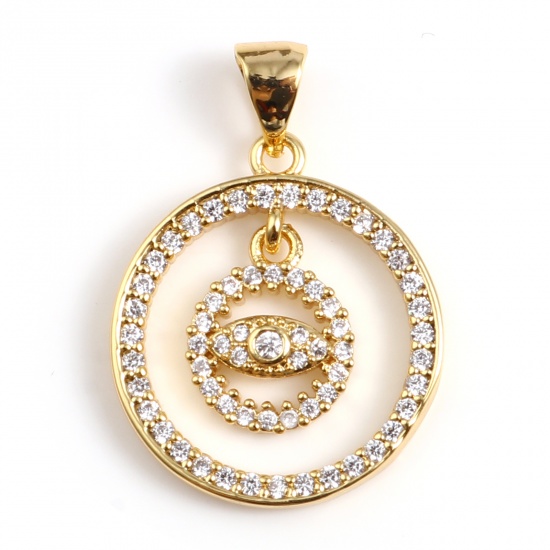 Picture of Brass Religious Charms Gold Plated White Round Evil Eye Micro Pave Clear Cubic Zirconia 26mm x 18mm - 25mm x 18mm, 1 Piece                                                                                                                                    