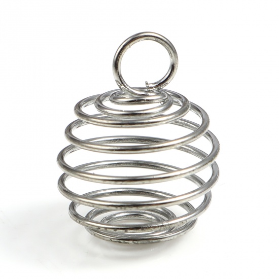 Picture of Iron Based Alloy Spiral Bead Cages Pendants Oval Silver Tone 14mm x 12mm, 20 PCs