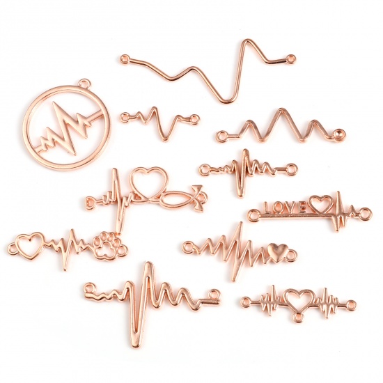 Picture of Zinc Based Alloy Medical Pendants Heart Rose Gold Medical Heartbeat/ Electrocardiogram Message " LOVE " 4.9cm x 2cm - 2.3cm x 1cm, 1 Packet ( 11 PCs/Packet)