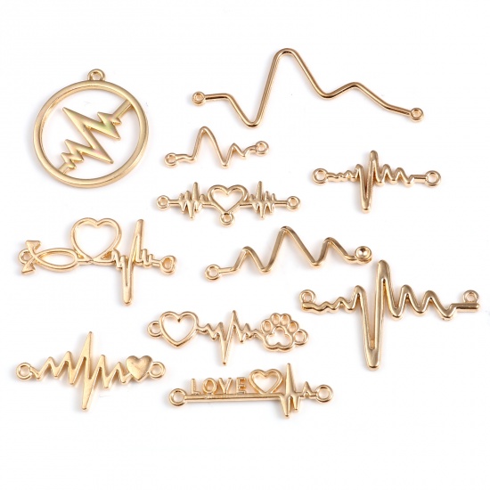 Picture of Zinc Based Alloy Medical Pendants Heart KC Gold Plated Medical Heartbeat/ Electrocardiogram Message " LOVE " 4.9cm x 2cm - 2.3cm x 1cm, 1 Packet ( 11 PCs/Packet)