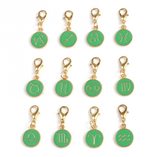 Picture of Zinc Based Alloy Knitting Stitch Markers Round Gold Plated Green Constellation 29mm x 12mm, 1 Set ( 12 PCs/Set)