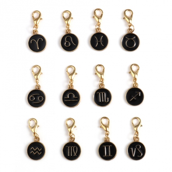 Picture of Zinc Based Alloy Knitting Stitch Markers Round Gold Plated Black Constellation 29mm x 12mm, 1 Set ( 12 PCs/Set)