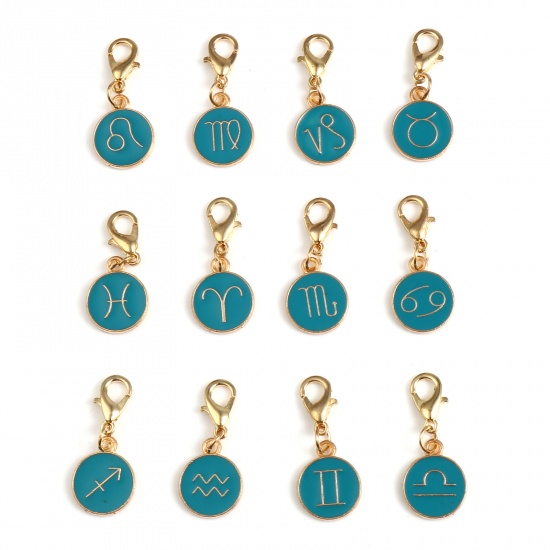 Picture of Zinc Based Alloy Knitting Stitch Markers Round Gold Plated Lake Blue Constellation 29mm x 12mm, 1 Set ( 12 PCs/Set)