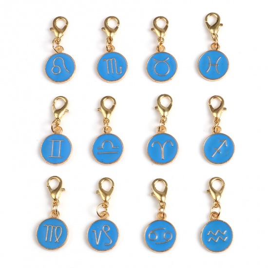 Picture of Zinc Based Alloy Knitting Stitch Markers Round Gold Plated Blue Constellation 29mm x 12mm, 1 Set ( 12 PCs/Set)