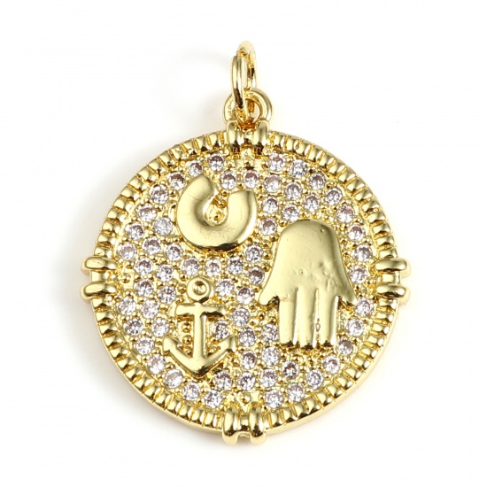 Picture of Brass Religious Charms Gold Plated Round Hamsa Symbol Hand Micro Pave Clear Cubic Zirconia 25mm x 20mm, 1 Piece                                                                                                                                               