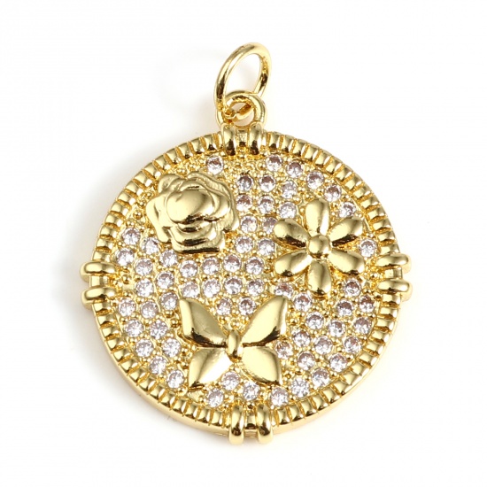 Picture of Brass Insect Charms Gold Plated Round Butterfly Micro Pave Clear Cubic Zirconia 25mm x 20mm, 1 Piece                                                                                                                                                          