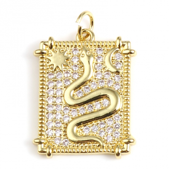 Picture of Brass Charms Gold Plated Rectangle Snake Micro Pave Clear Cubic Zirconia 25mm x 17mm, 1 Piece                                                                                                                                                                 