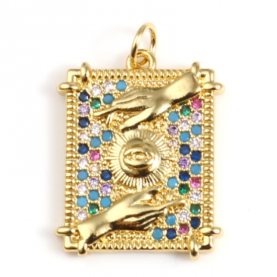 Picture of Brass Galaxy Charms Gold Plated Rectangle Sun Micro Pave Multicolour Cubic Zirconia 25mm x 17mm, 1 Piece                                                                                                                                                      