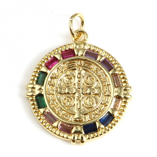 Picture of Brass Religious Charms Gold Plated Round Cross Micro Pave Multicolour Cubic Zirconia 25mm x 20mm, 1 Piece                                                                                                                                                     