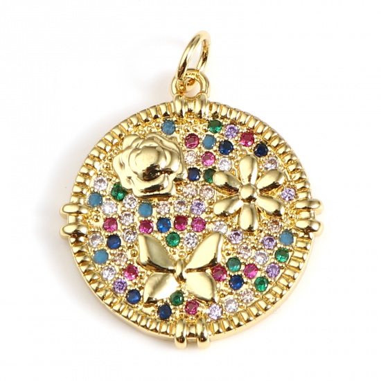 Picture of Brass Insect Charms Gold Plated Round Butterfly Micro Pave Multicolour Cubic Zirconia 25mm x 20mm, 1 Piece                                                                                                                                                    