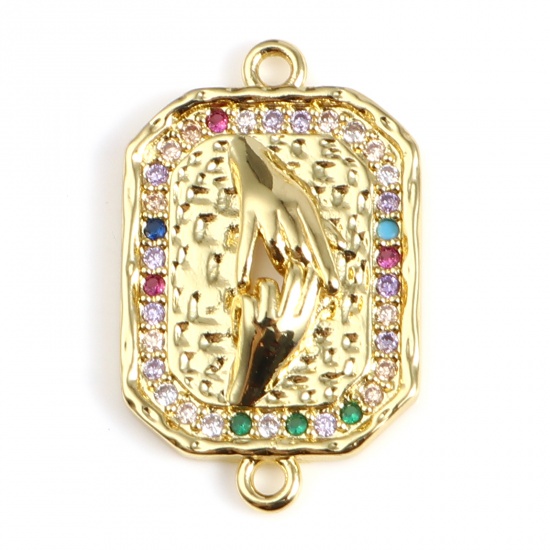 Picture of Brass Micro Pave Connectors Polygon Gold Plated Hand Multicolour Cubic Zirconia 23mm x 15mm, 1 Piece                                                                                                                                                          