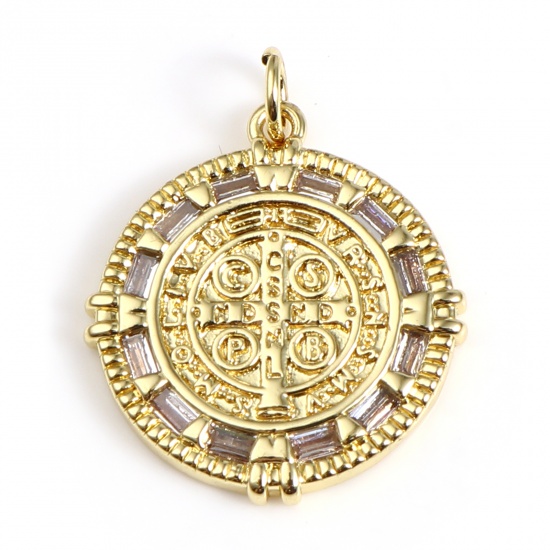 Picture of Brass Religious Charms Gold Plated Round Cross Micro Pave Clear Cubic Zirconia 25mm x 20mm, 1 Piece                                                                                                                                                           