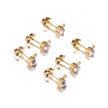 Immagine di 1 Pacchetto ( 20 Pz/Serie) Acciaio Inossidabile Orecchini a Perno Tondo Placcato Oro 18K Con Loop 4mm Dia.