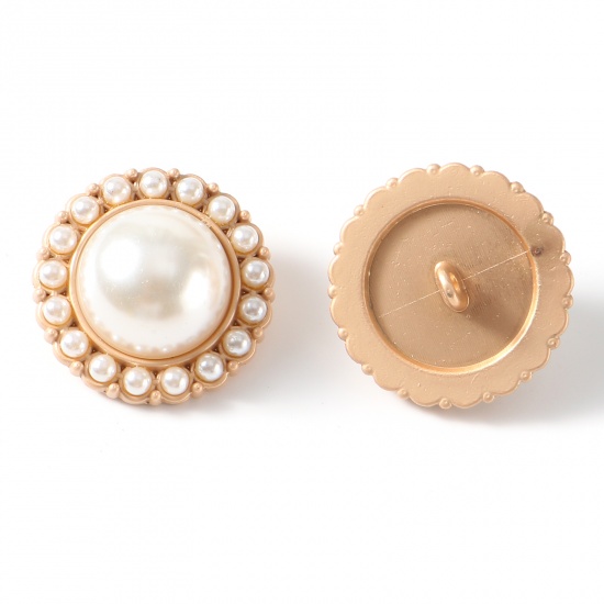 Image de Bouton de Haute Couture en Alliage de Zinc+Acrylique Rond Or Mat Blanc Imitation Perles 25mm Dia, 5 Pcs