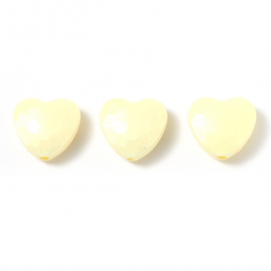 Picture of Resin Valentine's Day Spacer Beads Heart Pale Yellow Pearlized Faceted About 11mm x 10mm, Hole: Approx 1.6mm, 50 PCs