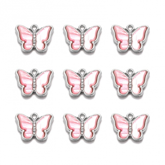 亜鉛合金 昆虫 チャーム 蝶 シルバートーン ピンク 透明ラインストーン 19mm x 15mm、 1 パック ( 10 個パック) の画像