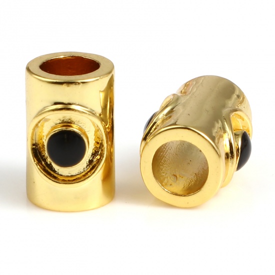 Picture of Brass Religious Beads Cylinder Gold Plated Black Evil Eye Enamel About 9mm x 6mm, Hole: Approx 3.7mm, 1 Piece                                                                                                                                                 