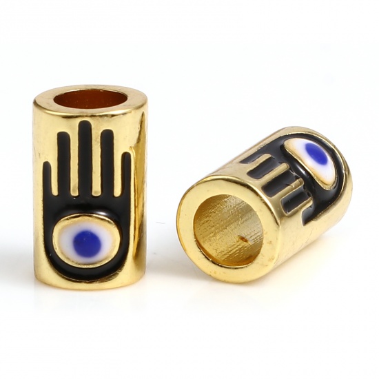 Picture of Brass Religious Beads Cylinder Gold Plated Blue & Black Hamsa Symbol Hand Enamel About 10mm x 6mm, Hole: Approx 3.8mm, 1 Piece                                                                                                                                