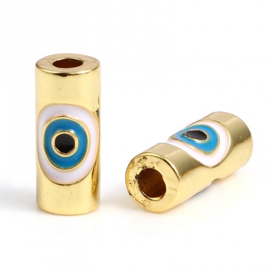Picture of Brass Religious Beads Cylinder Gold Plated White & Blue Evil Eye Enamel About 11mm x 5mm, Hole: Approx 2mm, 1 Piece                                                                                                                                           