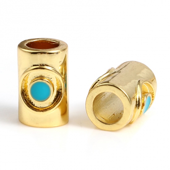 Picture of Brass Religious Beads Cylinder Gold Plated Blue Evil Eye Enamel About 9mm x 6mm, Hole: Approx 3.7mm, 1 Piece                                                                                                                                                  