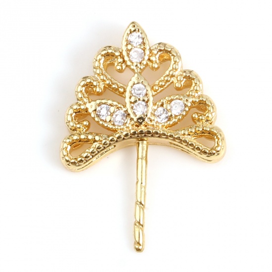 Picture of Brass Micro Pave Pearl Pendant Connector Bail Pin Cap Gold Plated Leaf Clear Rhinestone 15mm x 11mm, 2 PCs                                                                                                                                                    